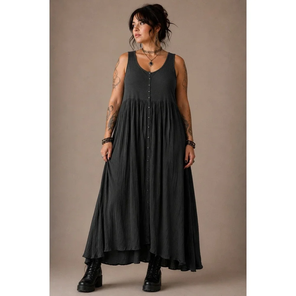 Whimsigoth Dark Cottagecore Black Maxi Dress L Frye Button Front Sleeveless C44
